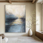 Blue, Gray, Beige and Gold with Subtle Light Reflections "Dawn’s Whisper" Abstract Landscape Painting On Canvas PS1155