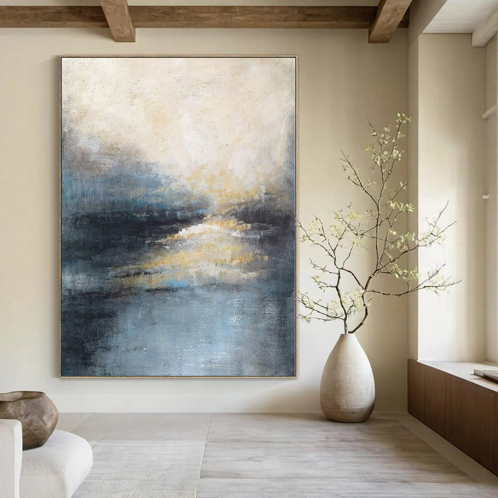 Blue, Gray, Beige and Gold with Subtle Light Reflections "Dawn’s Whisper" Abstract Landscape Painting On Canvas PS1155