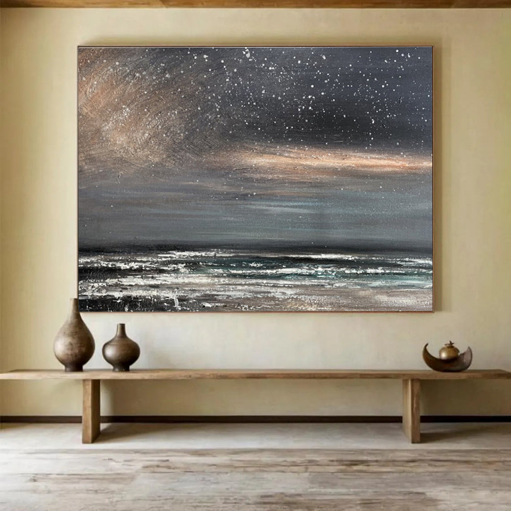 Dark Sky with Stars Over Grey - White Sea Seascape Painting On Canvas DKS105