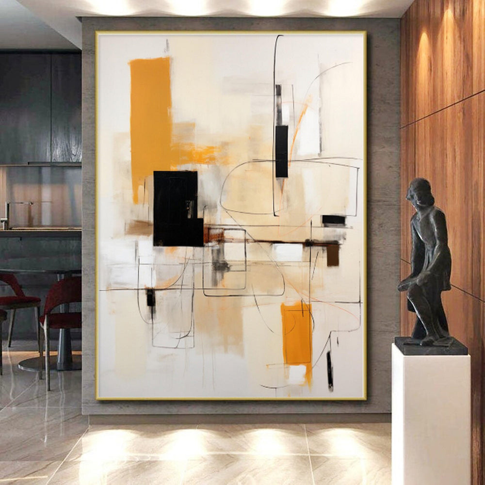 “Black, Orange & Beige Abstract Lines” - Abstract Geometric Painting On Canvas PS0404