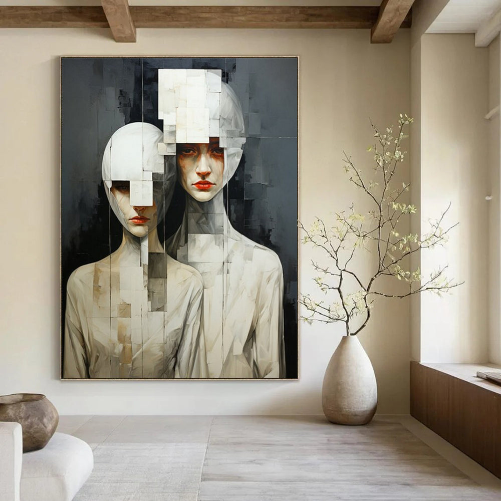“Monochrome Fragmented Figures” - Surrealist Painting On Canvas PT2203