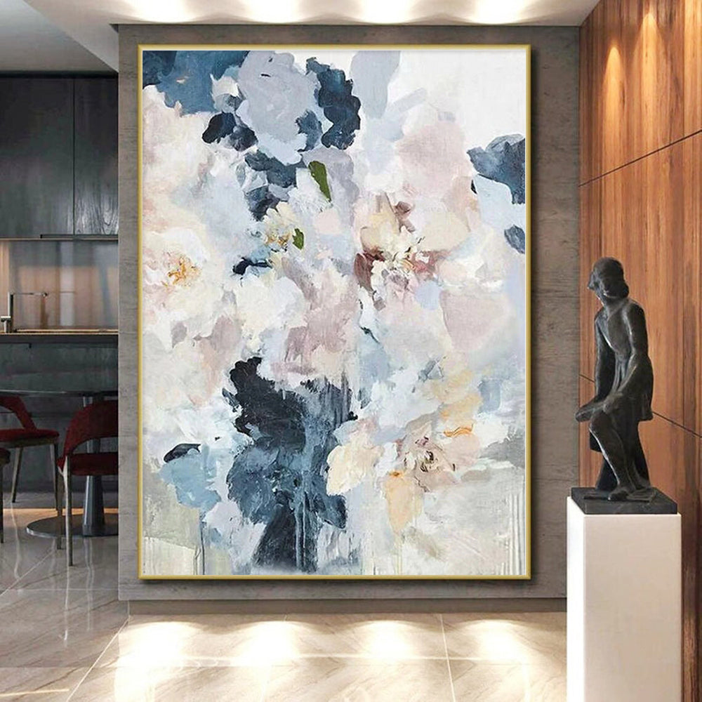 “Repeated Soft Floral Bouquet” - Blue, White, Pink Abstract Floral Painting On Canvas PS0589