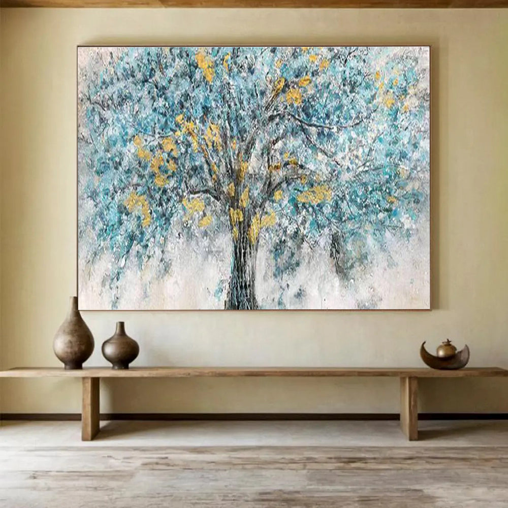 “Blue Tree with Yellow Blossoms” - Abstract Oil Painting On Canvas DKS889