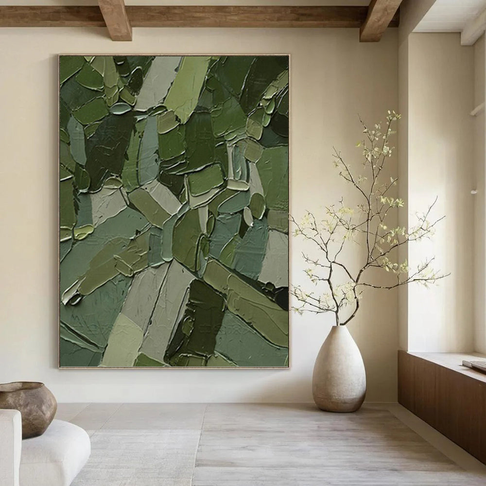 “Green Patchwork Abstract” - Cubist Abstract Painting On Canvas PT1211