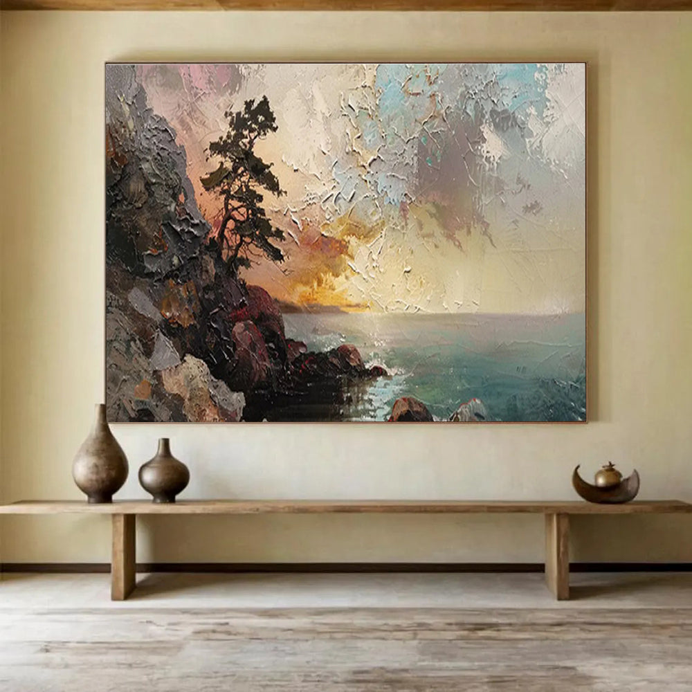 “Coastal Sunset Cliff” - Impasto Seascape Painting On Canvas DKS463