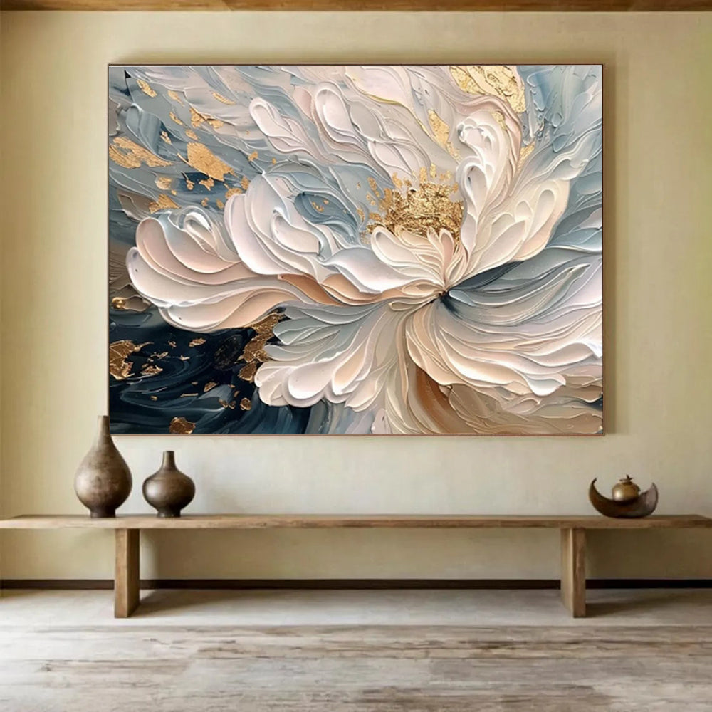 “Elegant Gilded Bloom” - Soft Blue, White & Gold Floral, 3D - Textured Flower Art Painting On Canvas DKS682