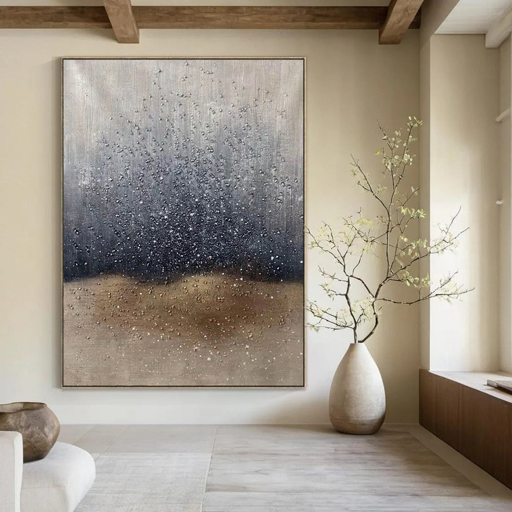 “Silver - Brown - Black Rain Abstract” - Textured Abstract Painting On Canvas PT1969