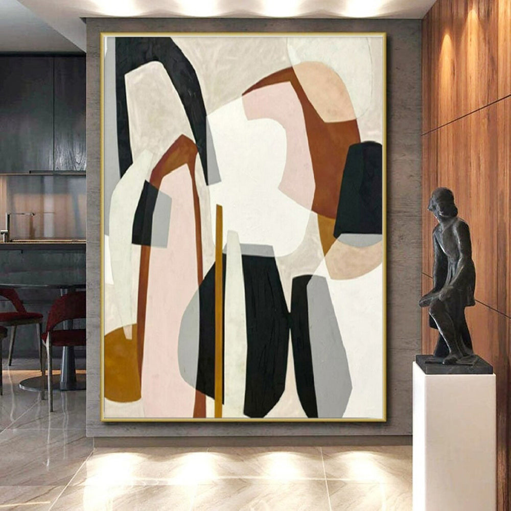 “Pastel Geometric Fusion” - Pink, Brown, Gray, Black Abstract Cubist Painting On Canvas PS0670