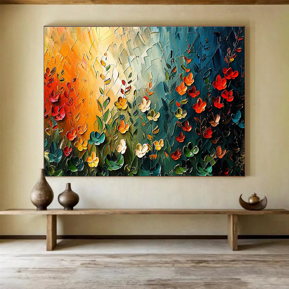 “Sunset Garden Fantasia” - Orange, Green & Red Floral, Textured Flower Palette Knife Painting On Canvas DKS687