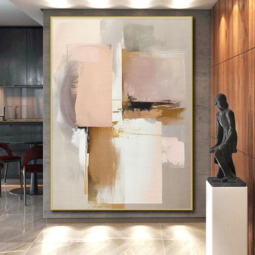 “Blush & Gold Abstract Squares” - Blush, Gold, Gray, White Abstract Geometric Painting On Canvas PS0759