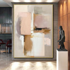 “Blush & Gold Abstract Squares” - Blush, Gold, Gray, White Abstract Geometric Painting On Canvas PS0759