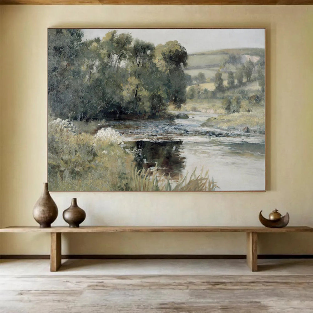 “Riverbank in Soft Greens” - Impressionistic Oil Painting on Canvas PT1489