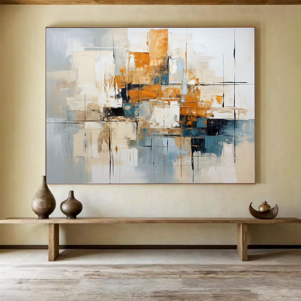 “Abstract Cityscape in Gray, Orange & Blue” - Modern Urban Impasto Painting On Canvas PT006
