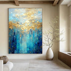 Blue - Gold Abstract Forest Textured Painting On Canvas DS065