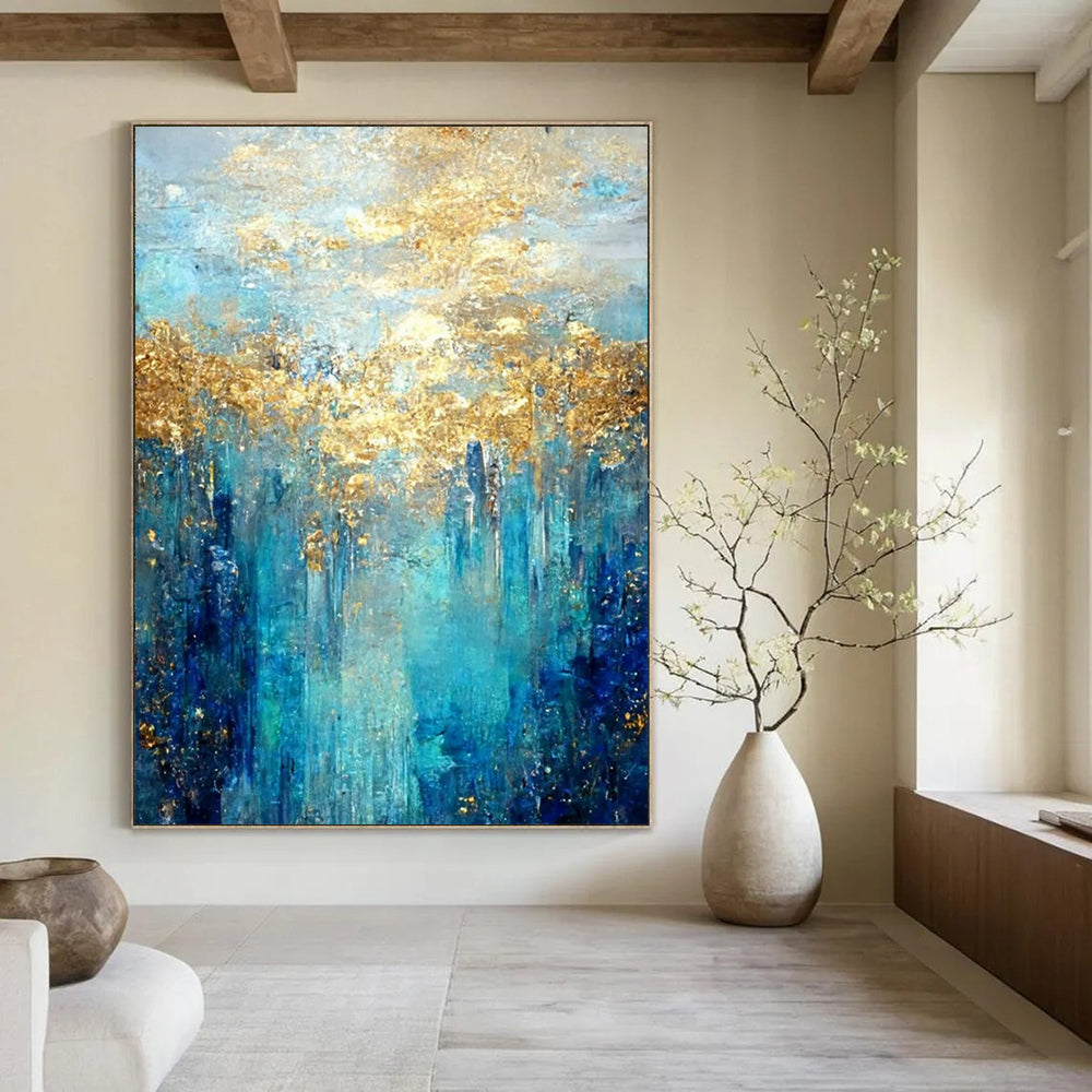 Blue - Gold Abstract Forest Textured Painting On Canvas DS065