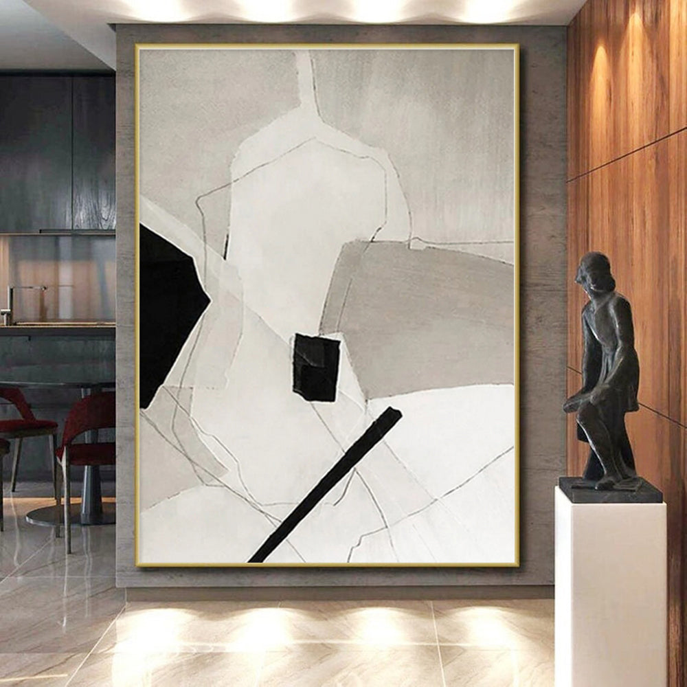 “Black - White Geometric Abstraction” - Black, White Abstract Geometric Painting On Canvas PS0559