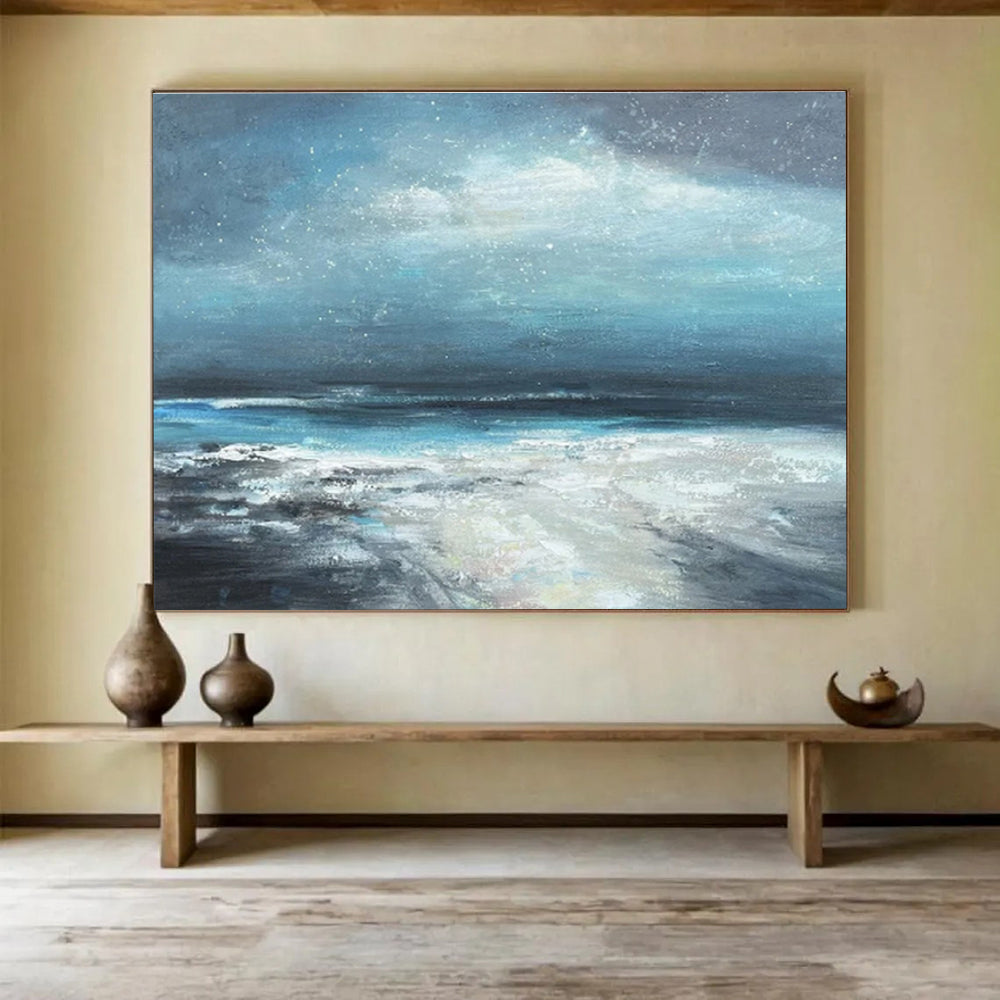 Blue - Grey Night Sky Over Sparkling Sea Seascape Painting On Canvas DKS111