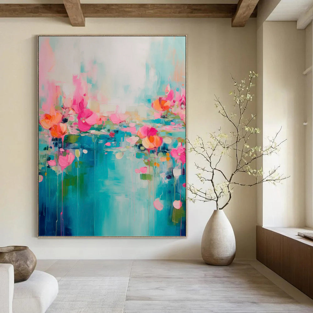 “Pink, Orange, and Blue Floral Abstract” - Impressionistic Flower Painting On Canvas PT0993