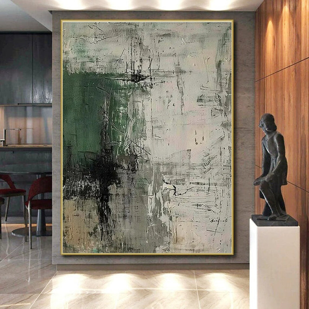 Green, Gray & Black Abstract Strokes "Urban Jungle" Painting On Canvas PS0859