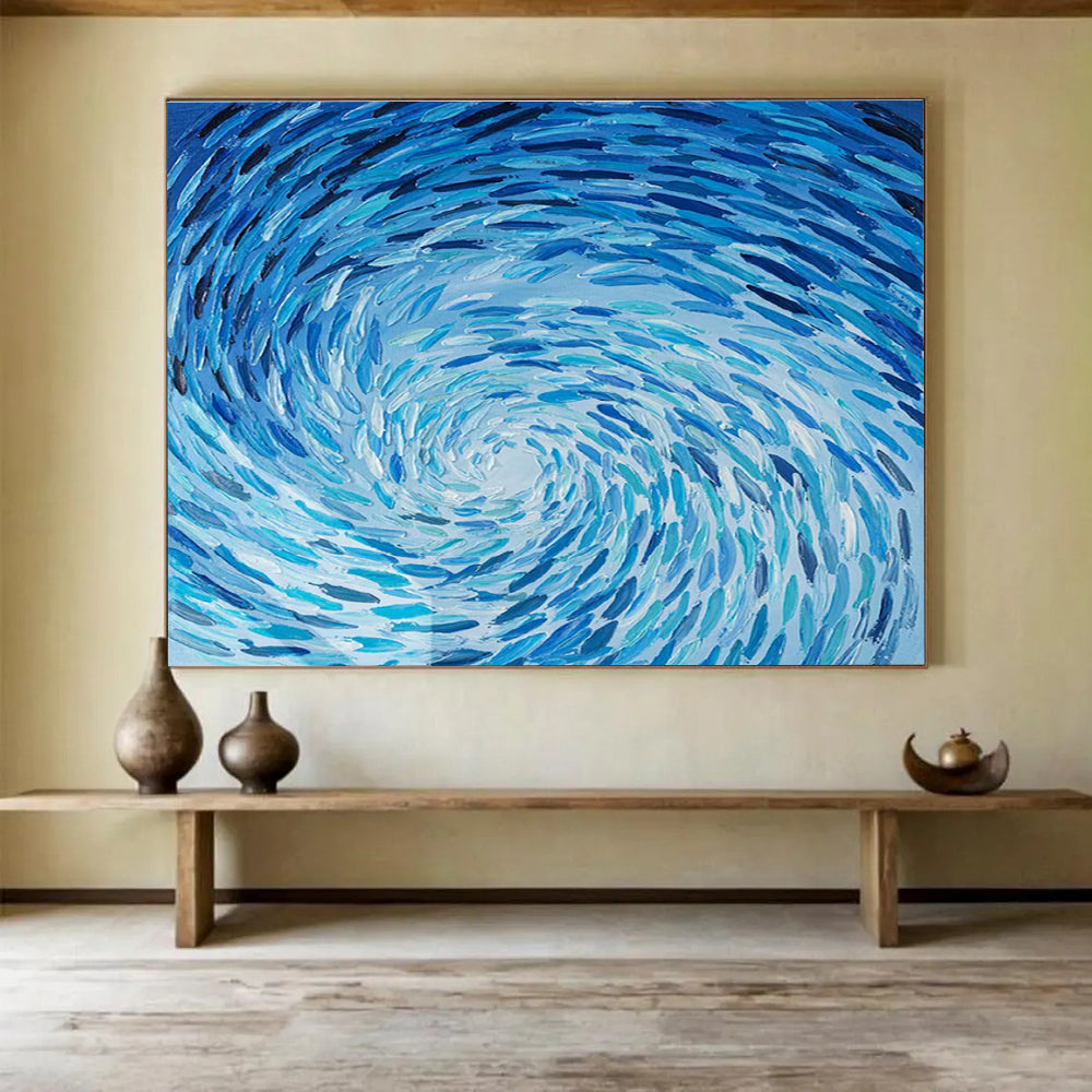 “Blue Swirl Abyss” - Blue Abstract, Impasto Oil Painting On Canvas DKS789