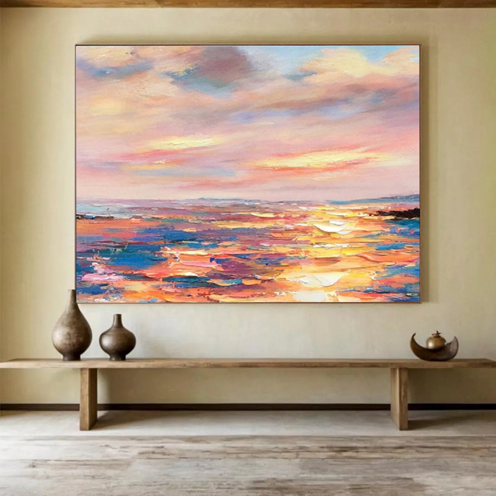 Vibrant Sunset Over Colorful Ocean Impressionist Seascape Painting On Canvas DKS112
