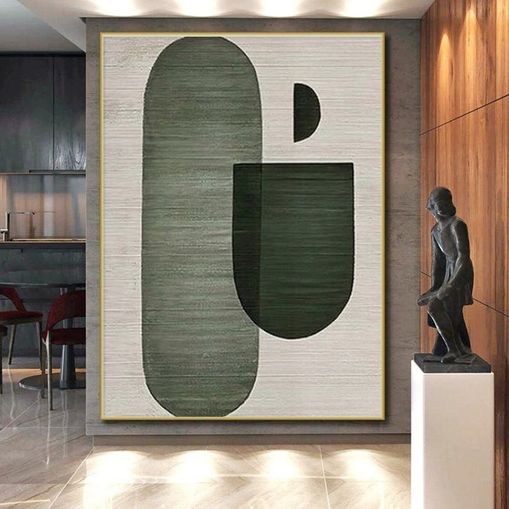 “Green - Gray Geometric Forms” - Green, Gray Abstract Geometric Painting On Canvas PS0675