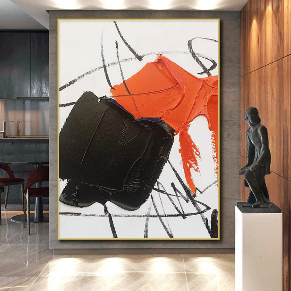 “Black - Orange Dynamic Abstraction” - Black, Orange Abstract Painting On Canvas PS0488