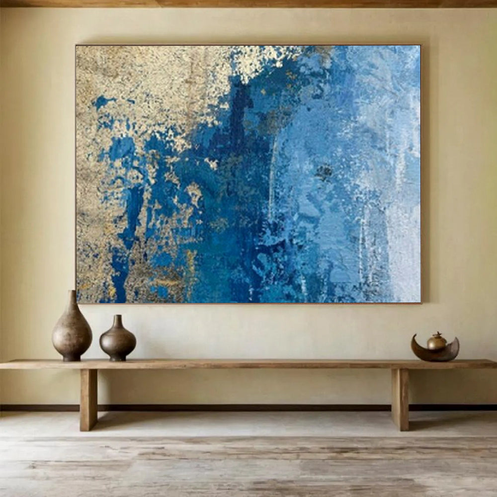 “Blue - Gold Textured Wall” - Earthy Tones “Aged Azure” Painting On Canvas PT1634