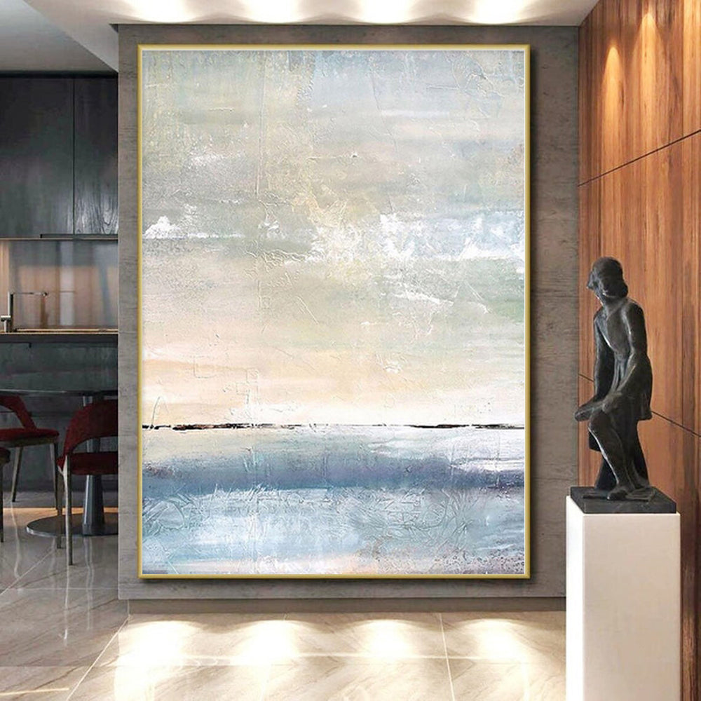 “Soft Coastal Abstraction” - Blue, Beige, White Abstract Seaside Painting On Canvas PS0547