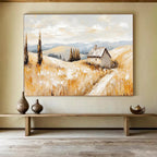 “Golden Field Cottage” - Impressionistic Landscape Painting On Canvas DKS461