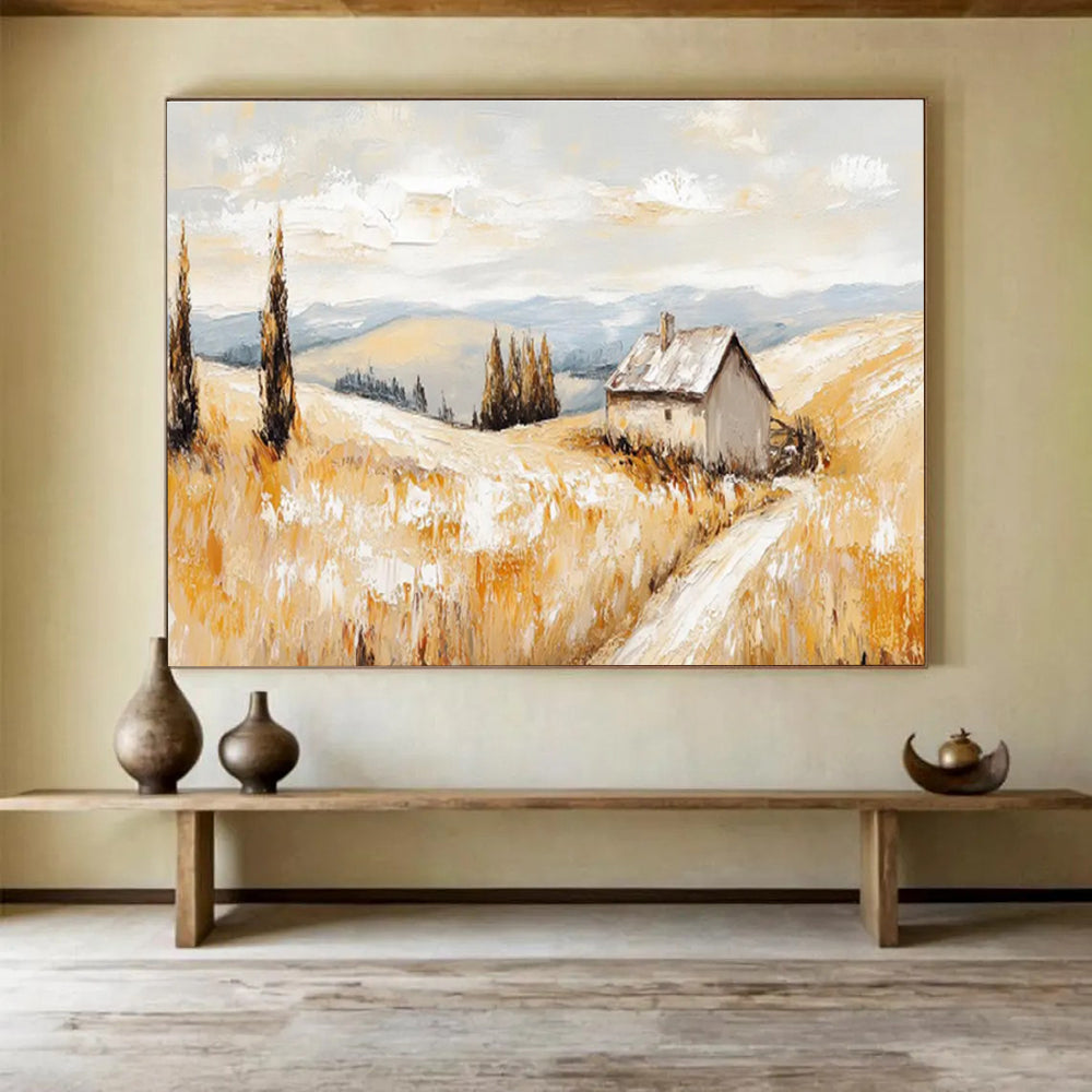 “Golden Field Cottage” - Impressionistic Landscape Painting On Canvas DKS461