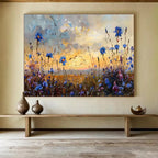 “Blue Wildflower Sunset” - Orange, Blue & Purple Floral, Impressionistic Field Painting On Canvas DKS698