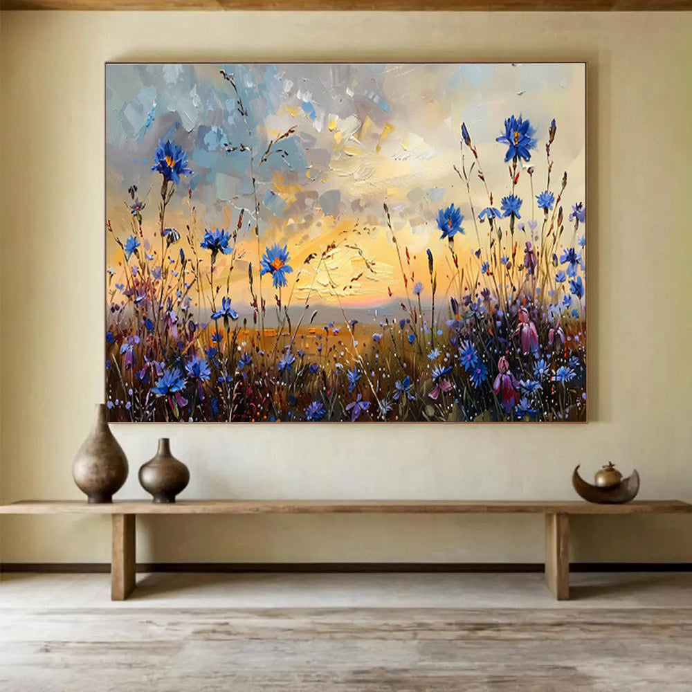 “Blue Wildflower Sunset” - Orange, Blue & Purple Floral, Impressionistic Field Painting On Canvas DKS698