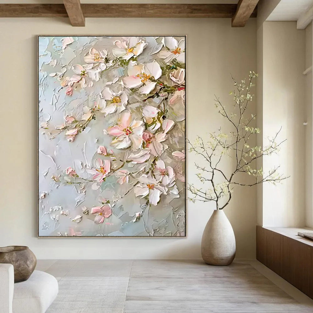 “Textured Pink - White Floral Impasto” - Oil Painting On Canvas PT2073