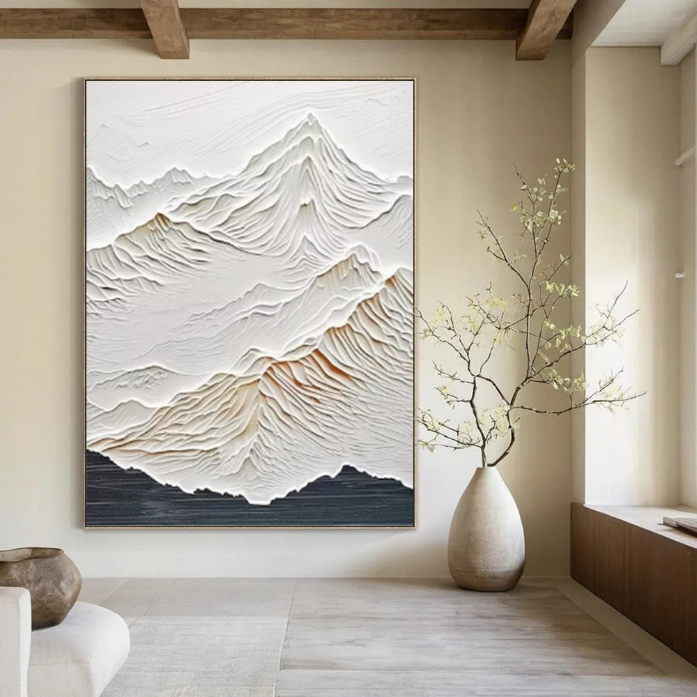 “White Textured Mountain Relief Painting” - Minimalist Landscape Relief On Canvas PT0985