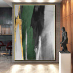 “Green - Gold Abstract Streaks” - Green, Gray, Gold, White Abstract Gestural Painting On Canvas PS0637