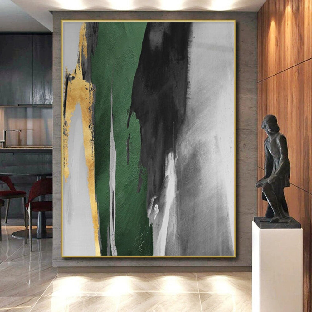 “Green - Gold Abstract Streaks” - Green, Gray, Gold, White Abstract Gestural Painting On Canvas PS0637