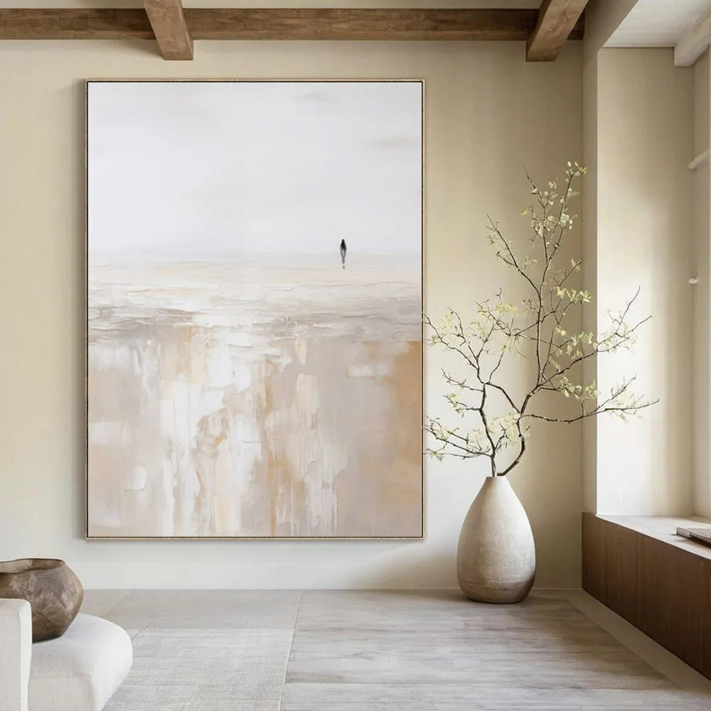 Beige, White with Solitary Figure "Lonely Stroll" Abstract Painting On Canvas PS1312