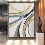“Flowing Gold - Grey - White Abstract Ribbons” - Elegant Abstract Painting On Canvas PS0320