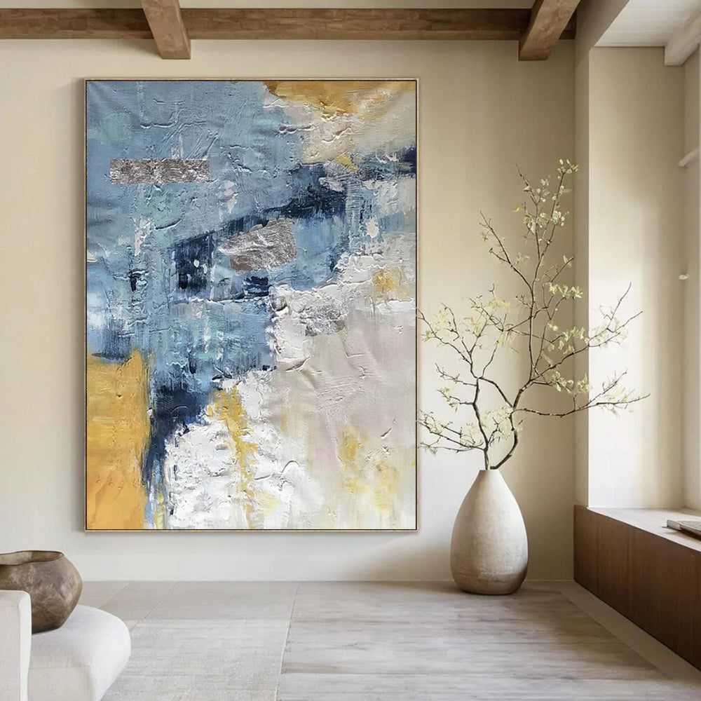 “Textured Blue & Gold Abstract” - Layered Paints with Metallic Shimmers Painting On Canvas DS255