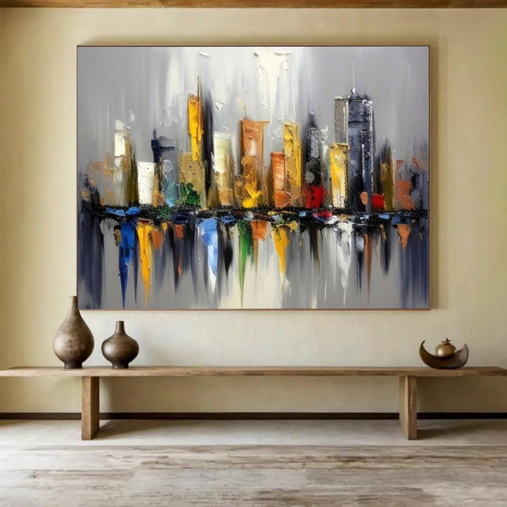 “Colorful Cityscape Reflection” - Vibrant Urban “Metro Mirror” Painting On Canvas PT1647