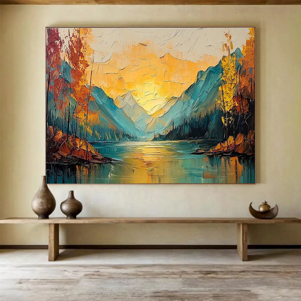 “Impasto Mountain Lake Sunset” - Impasto Oil Landscape Painting On Canvas DKS861