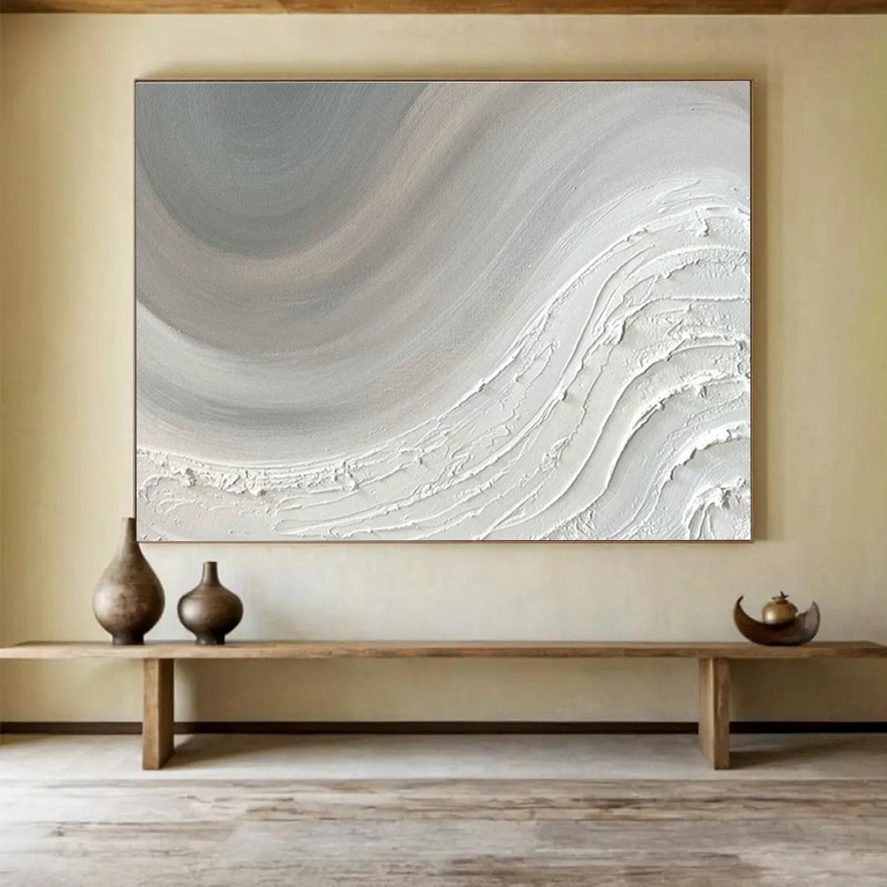 “Textured White Wave Abstract” - Textured Abstract Painting on Canvas, Great for Spa & Bedroom DKS584