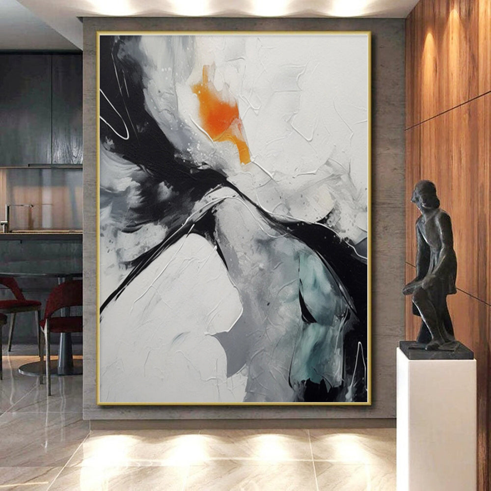 “Black - White - Orange Dynamic Swirl” - Black, White, Orange Abstract Swirl Painting On Canvas PS0571