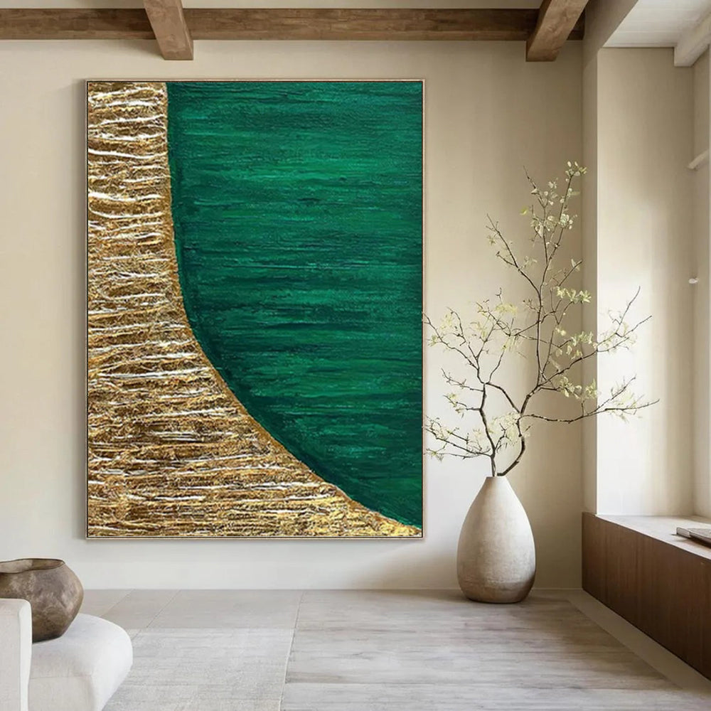 “Gold - Green Curved Textures” - Textured Abstract Painting On Canvas PT1219