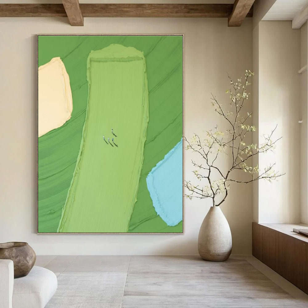 Green, Yellow, Blue with Small Figures "Colorful Fields" Abstract Painting On Canvas PS1354