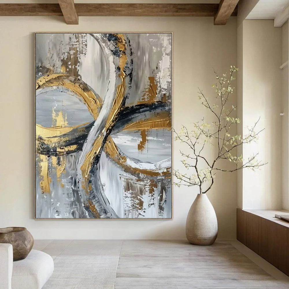 Gold and Gray Intertwined Rings - Textured Abstract Painting On Canvas PS1251