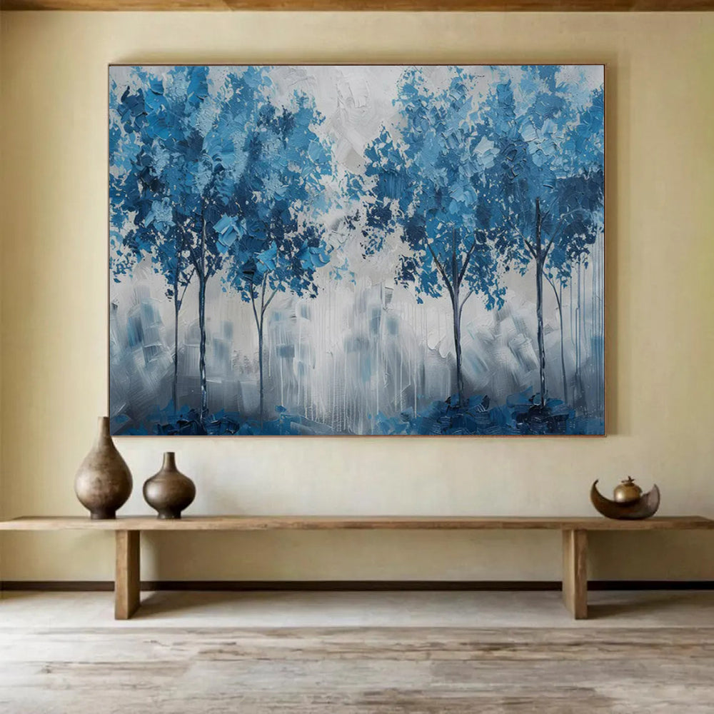 “Blue Trees Against Gray - White Background” - Abstract Landscape - Painting On Canvas PT1758
