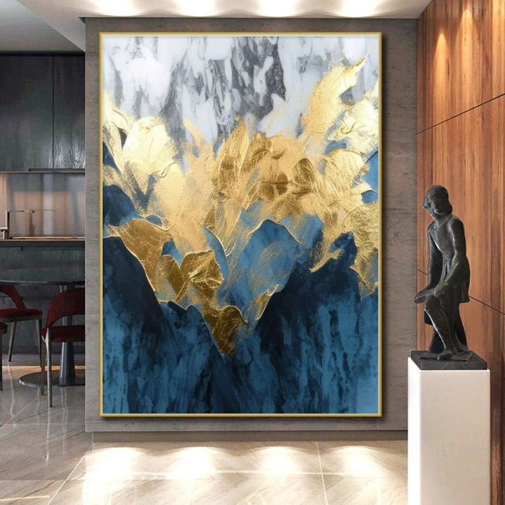 Blue and White with Gold Foil, "Gilded Peaks" – Abstract Mountain - Inspired On Canvas PS0916