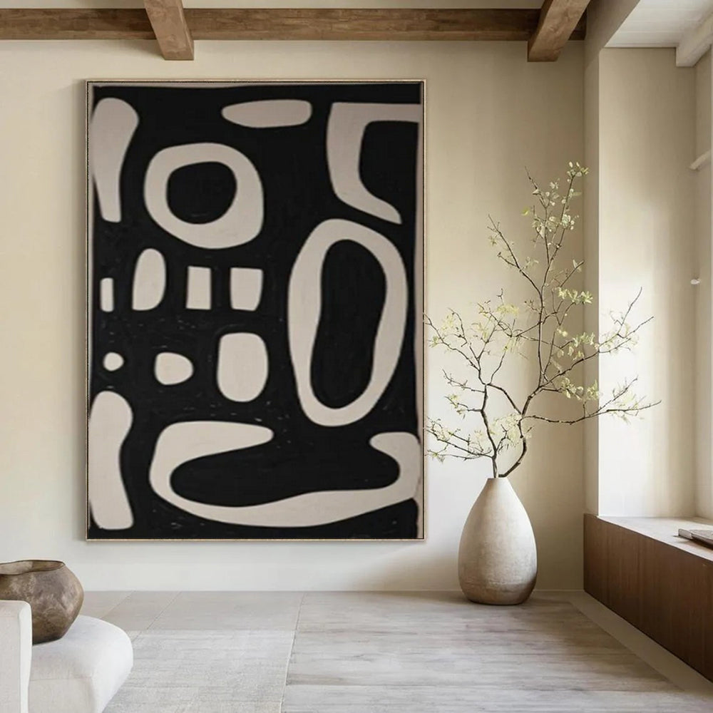 Black Background with White Curved Forms "Whimsical Silhouettes" Abstract Painting On Canvas PS1075